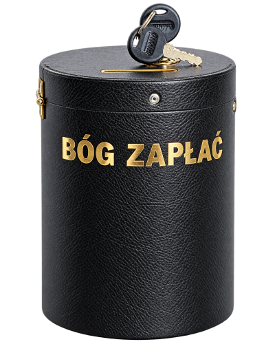 Czarna skórzana skarbonka „BÓG ZAPŁAĆ”.png
